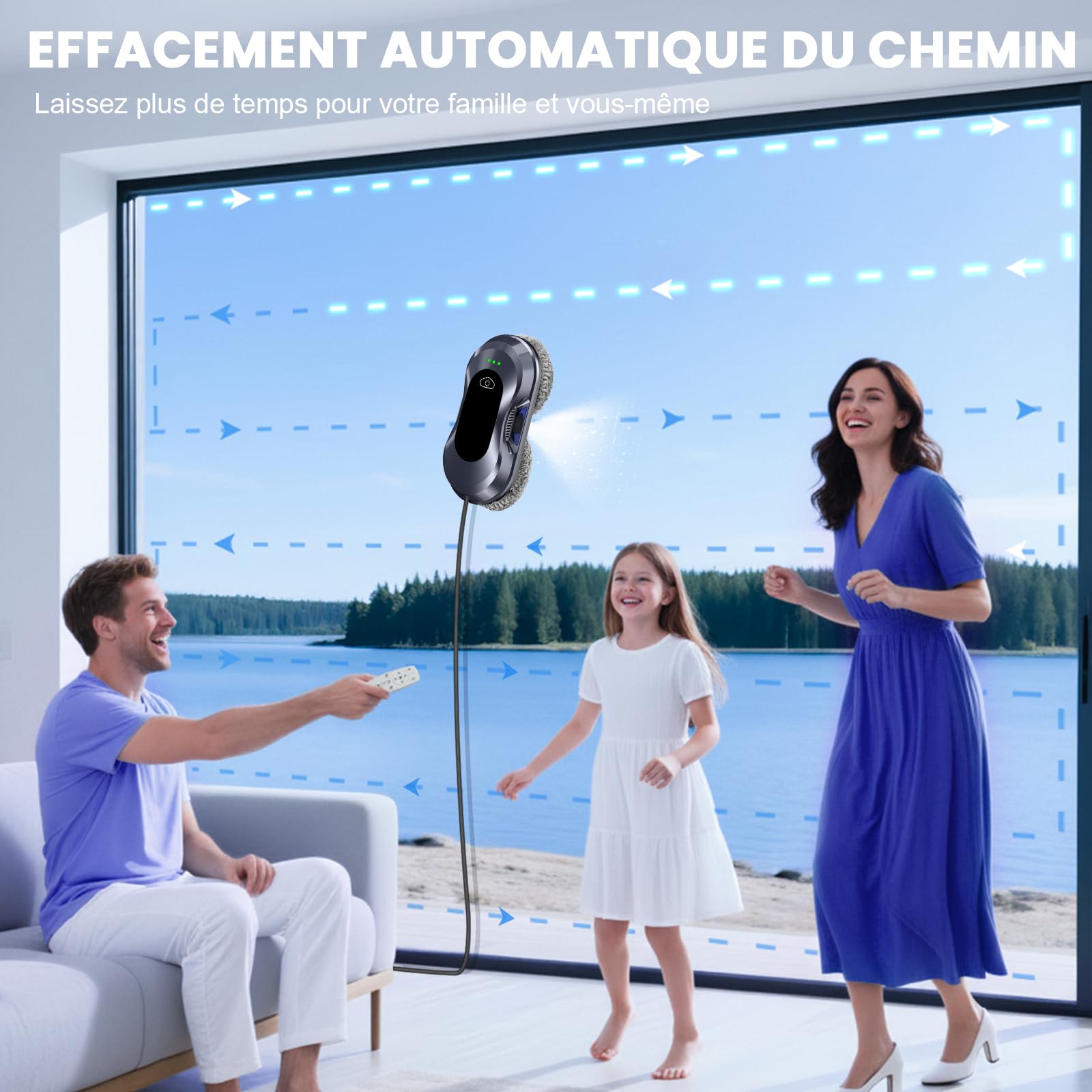 Robot Laveur de Vitre Automatique, 6000 Pa d'aspiration, Robot Nettoyeur de Vitres,Nettoyage à Double Hélice, Détection des Bords, 3 Modes de Nettoyage, avec 10 Chiffons de Nettoyage