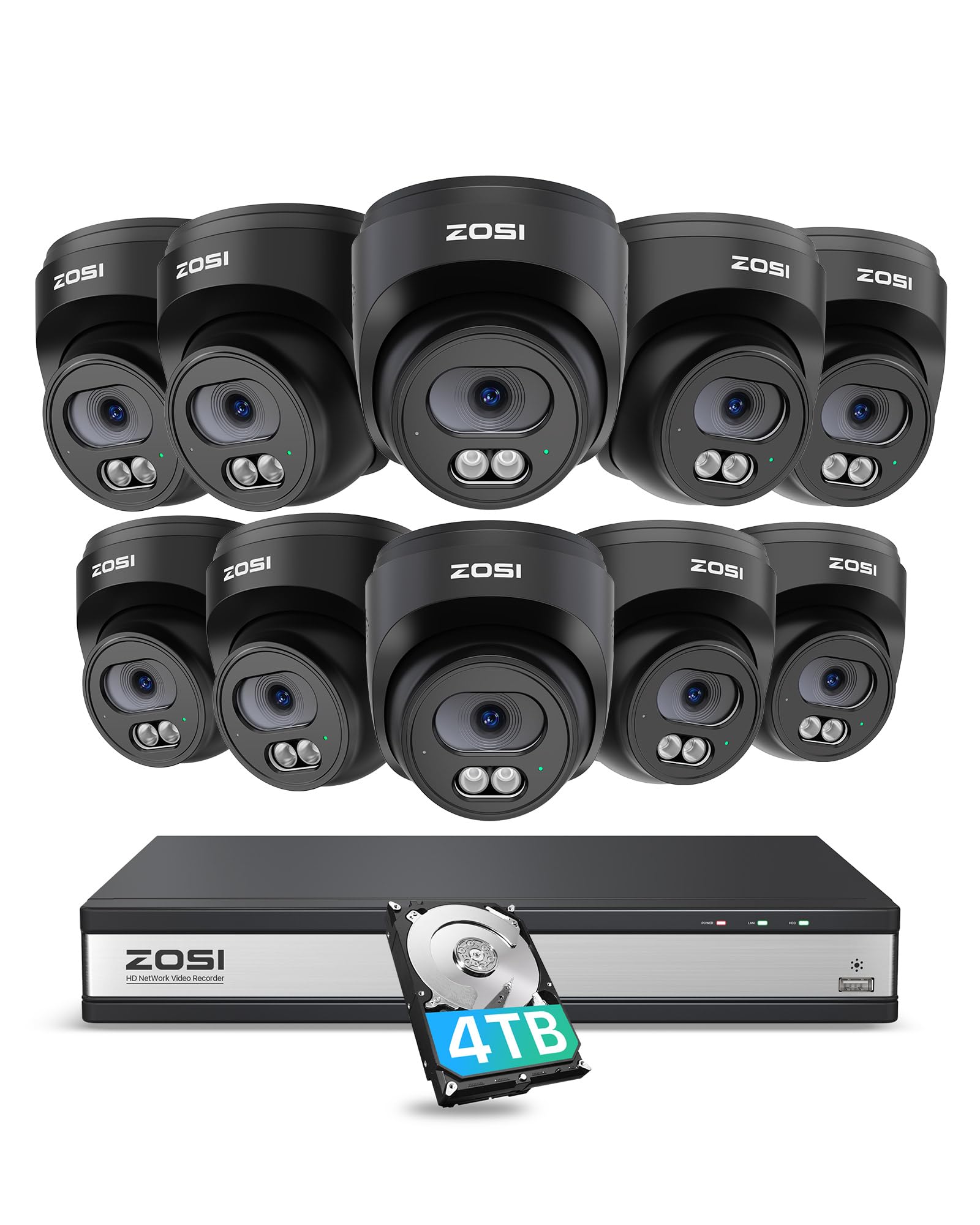 ZOSI C220 16CH 4K PoE Home Security Camera System, 16 Channel 4K 8MP NVR with 4TB HDD for 24/7 Record, 10 x 4MP(1440p) QHD 2.5K Dome IP Cameras