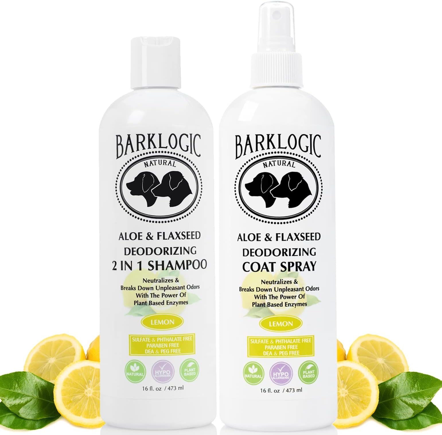 BarkLogic Deodorizing 2 in 1 Dog Shampoo and Coat Spray Kit - Naturally Derived Enzymes with Refreshing Lemon Essential Oil, No Sulfate Dog Deodorizing Formula for Sensitive and Dry Skin