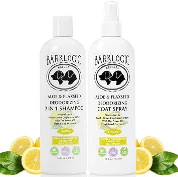 BarkLogic Deodorizing 2 in 1 Dog Shampoo and Coat Spray Kit - Natural Enzymes With Refreshing Lemon Essential Oil, Eco-Friendly, No Sulfate Dog Deodorizing Formula for Sensitive And Dry Skin