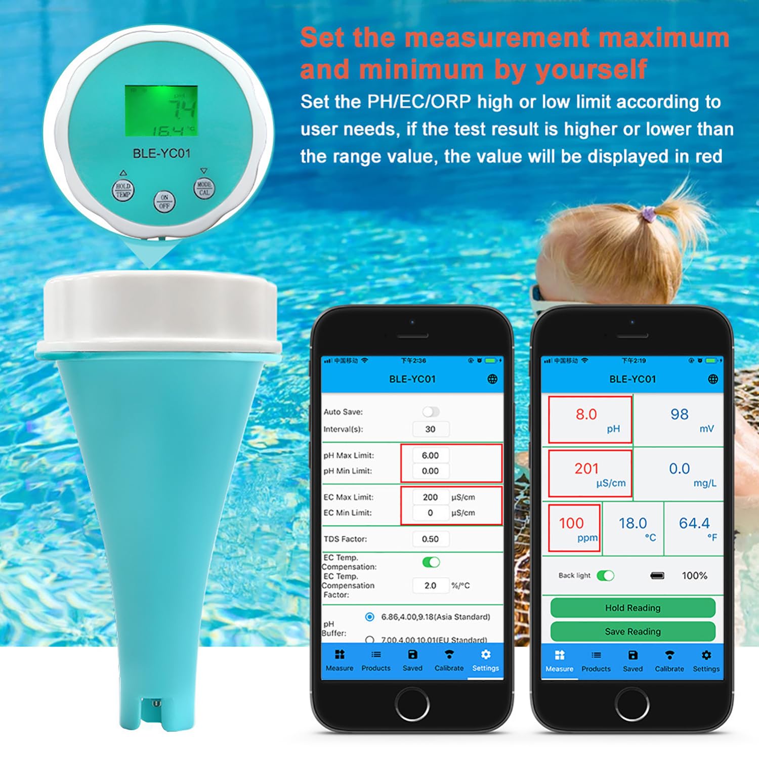 Tester wody w basenie, bezprzewodowy inteligentny monitor jakości wody, mierzy pH, chlor, ORP, temperaturę, zasolenie, sterowanie aplikacją Bluetooth