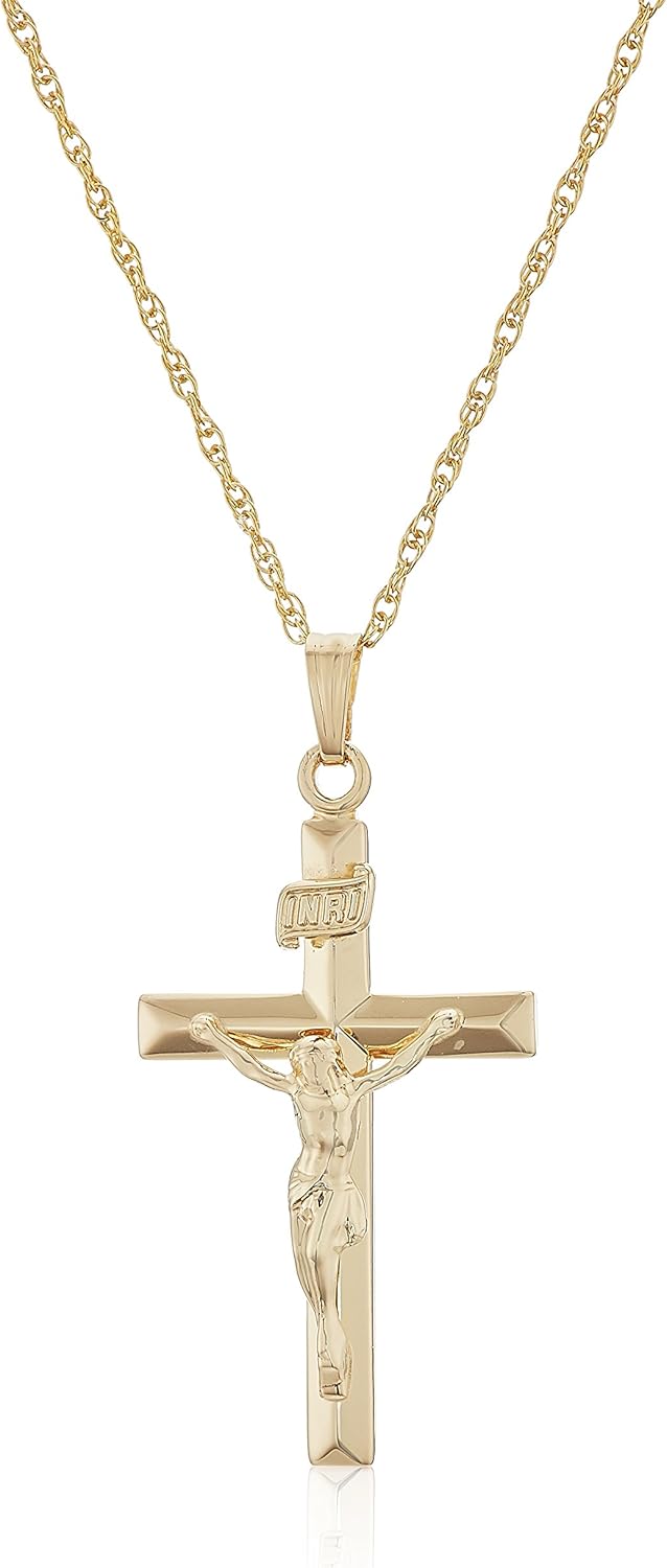 Amazon Essentials 14k Gold Filled Solid Beveled Edge Embossed Crucifix Cross Pendant Necklace with Chain, 18"