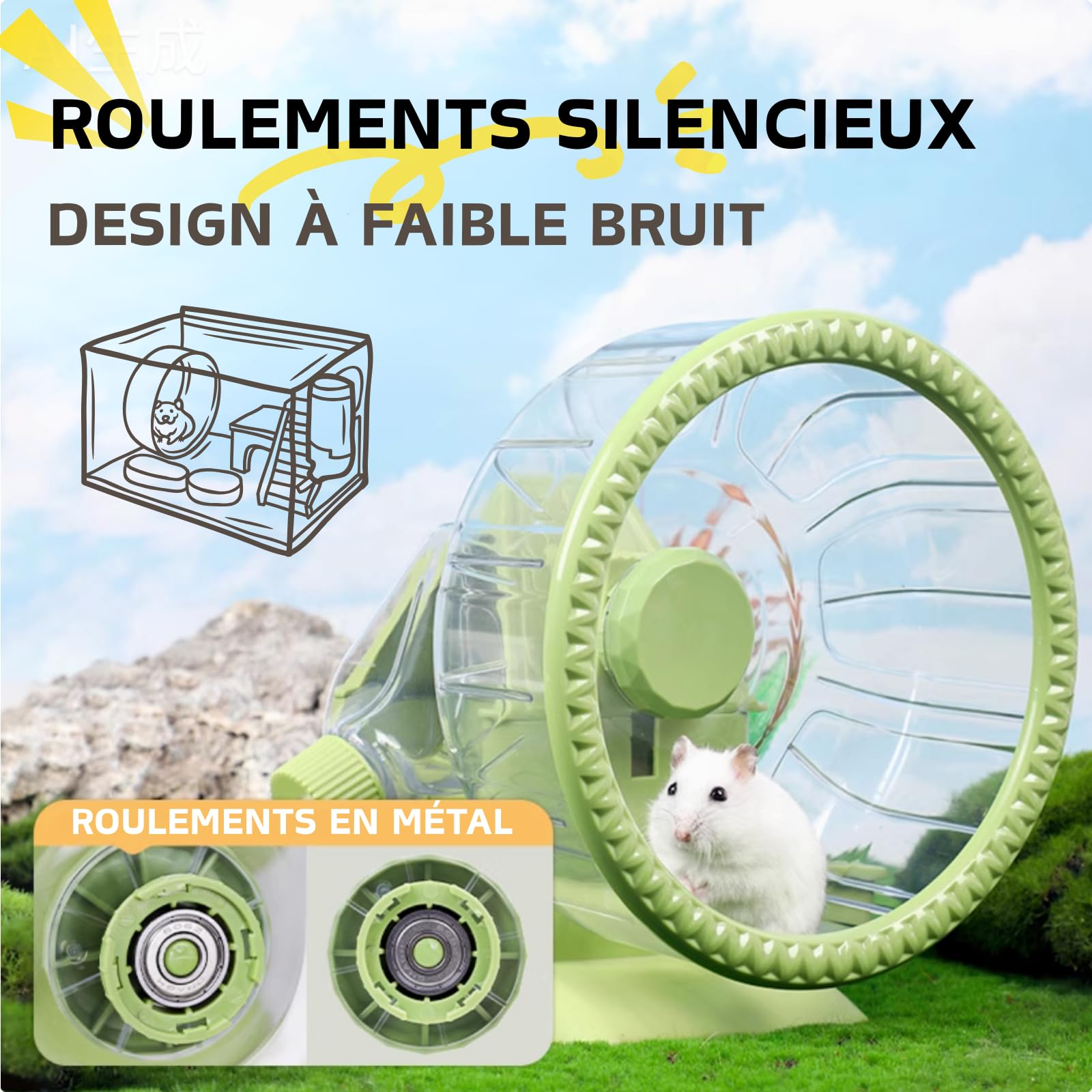 Roue 4 en 1 pour Hamster, Maison de Hamster avec Roue de Course, Bol à Nourriture, Bouteille d'eau et Cachette, Jouets de Course et d'exercice pour Petits Animaux (Vert, 19.5cm)