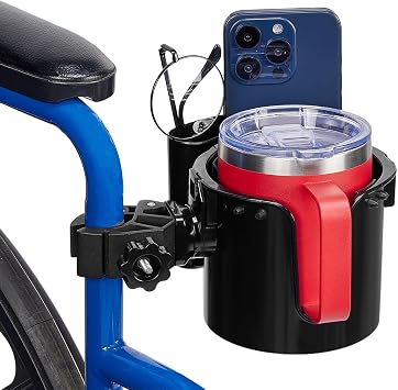 JOYTUTUS Wheelchair Cup Holder, 2-in-1 Walker Cup Holder with 4.72 Small Storage Box, Drink Holder for Bottle with Handle, Fit for Wheelchair, Walker, Rollator, Stroller, Camper, Golf cart Small