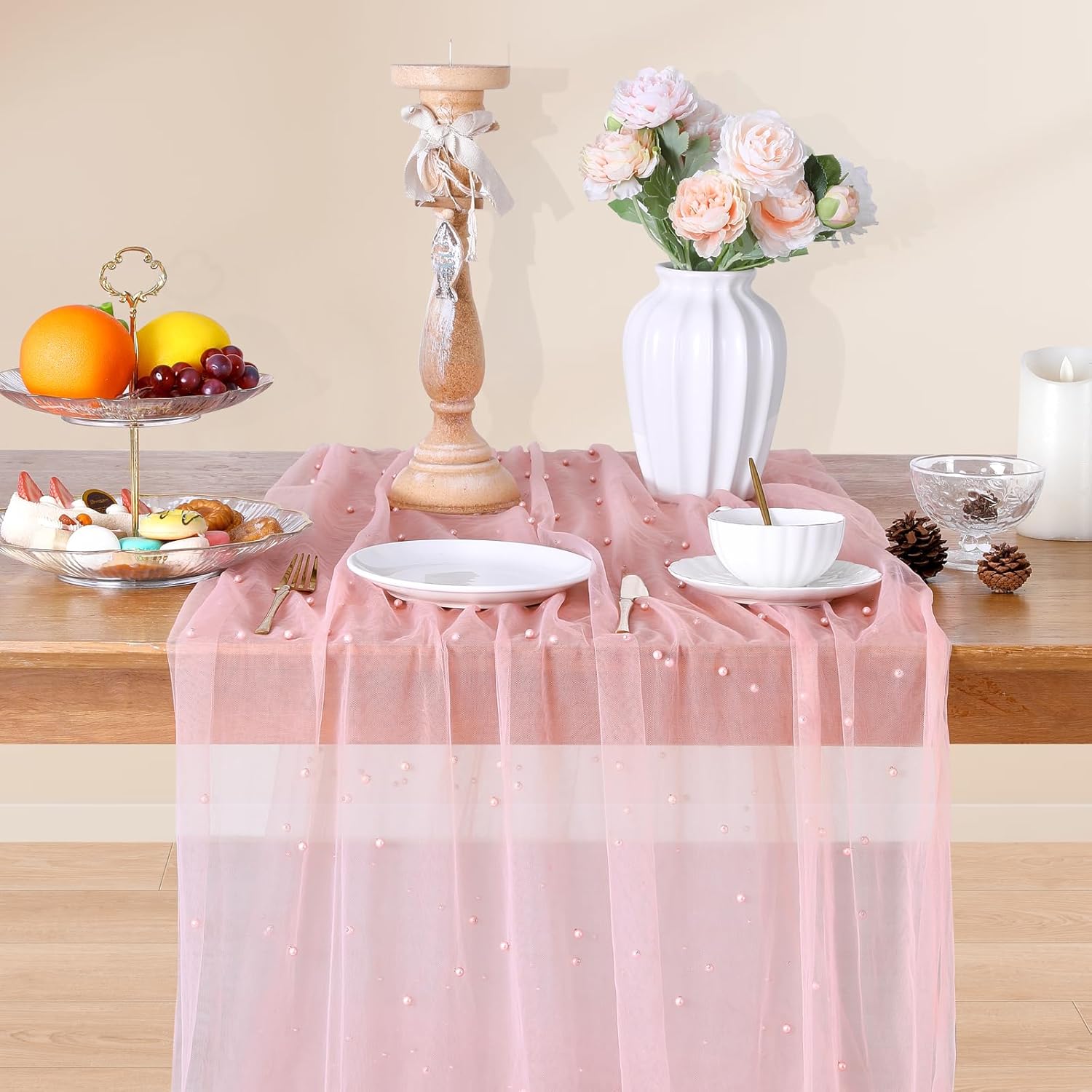 10 Yards Tulle Fabric Blush Pink Pearl Beaded Tulle Fabric for Baby Shower Sewing DIY Craft Birthday Party Home Tablecloth Decorations