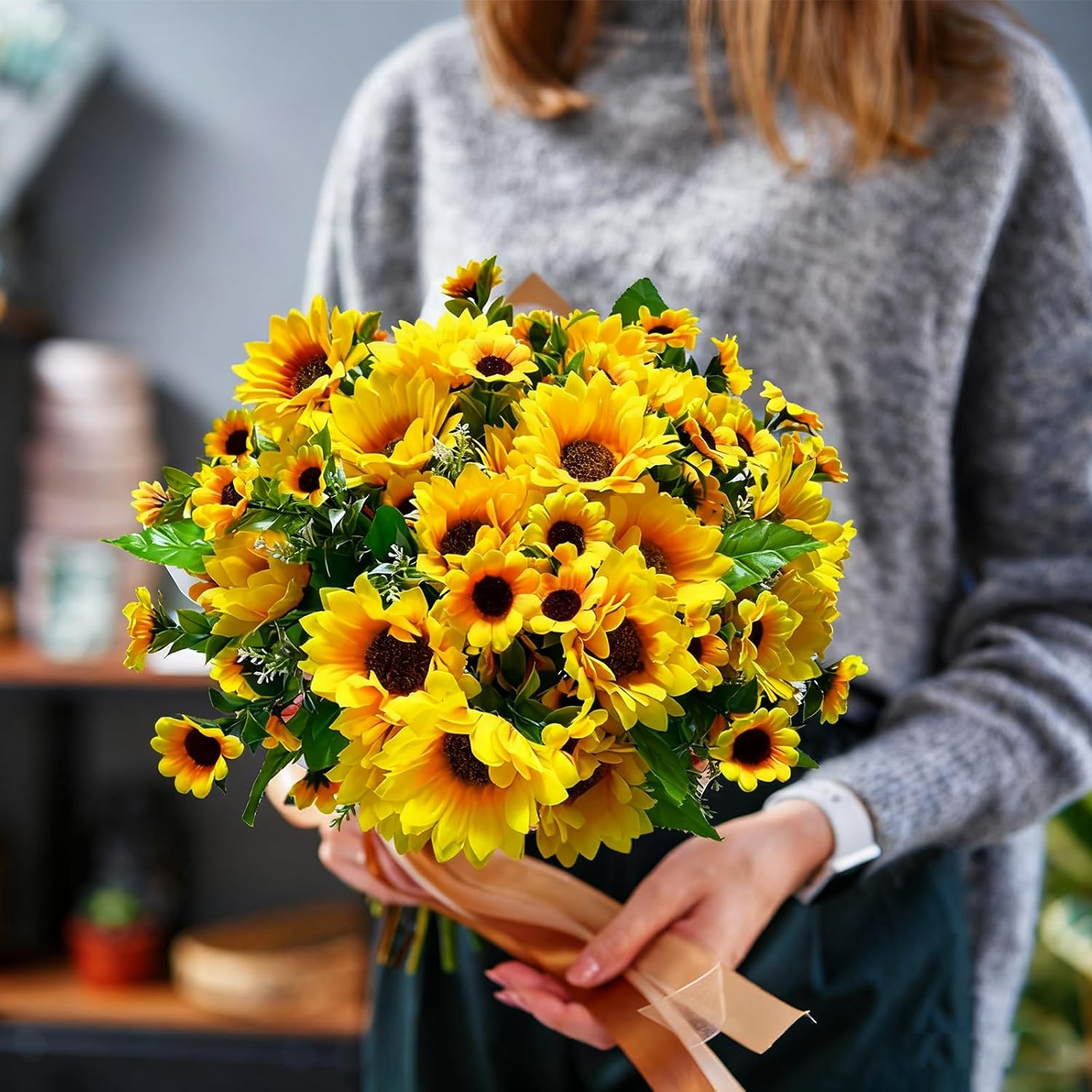 8Pack Artificial Sunflowers with Stems for Indoor Outdoor 12 inch Fake Silk Sunflower with 13 Sunflower Heads and 27 Green Leaves Decor Home Wedding Party Office (8Pack)