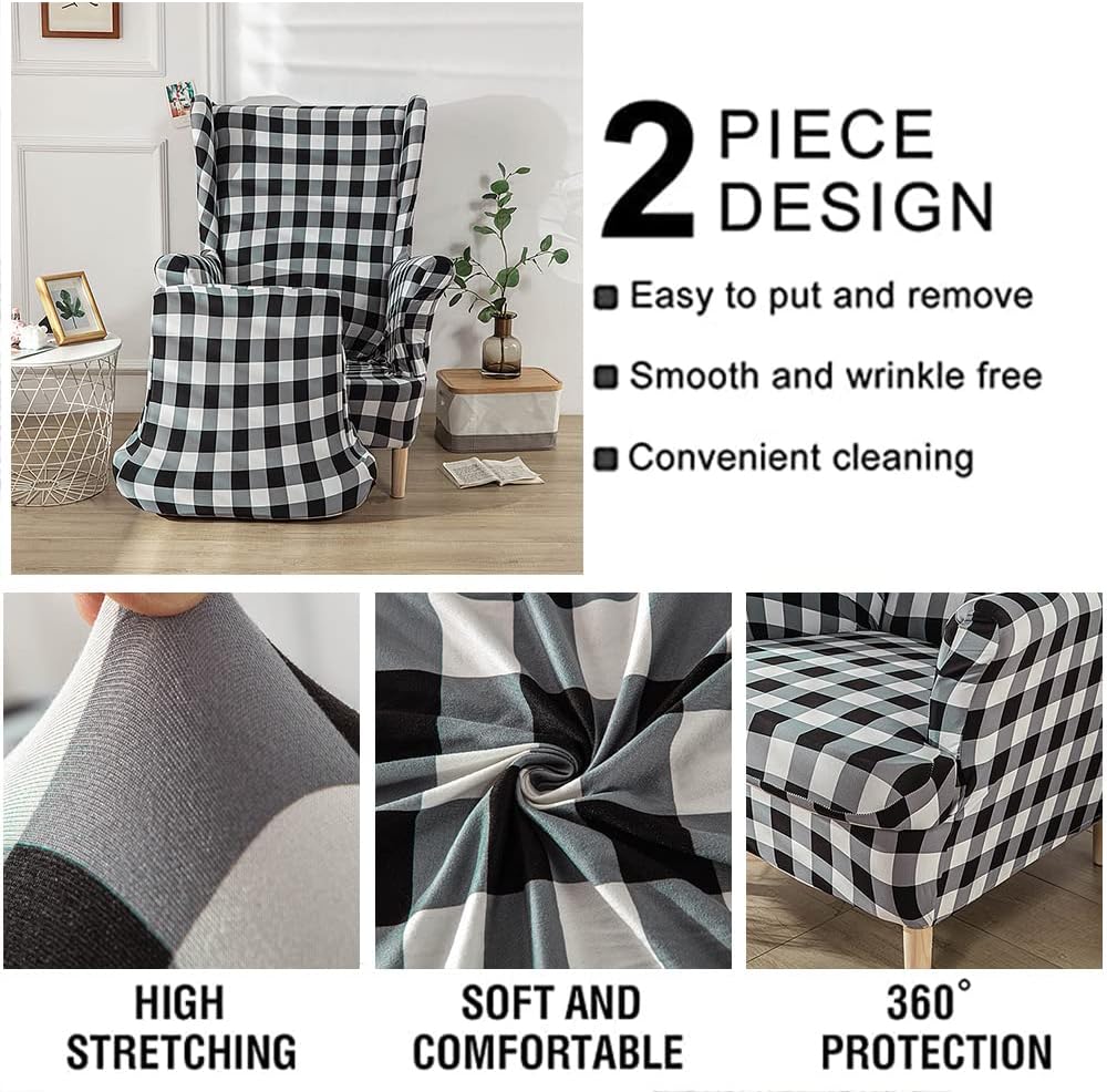 Stretch Wingback Chair Covers 2 Piece Wing Chair Slipcover for Armchair Modern Spandex Armchair Sofa Cover for Living Room Bedroom (Black White Plaid)