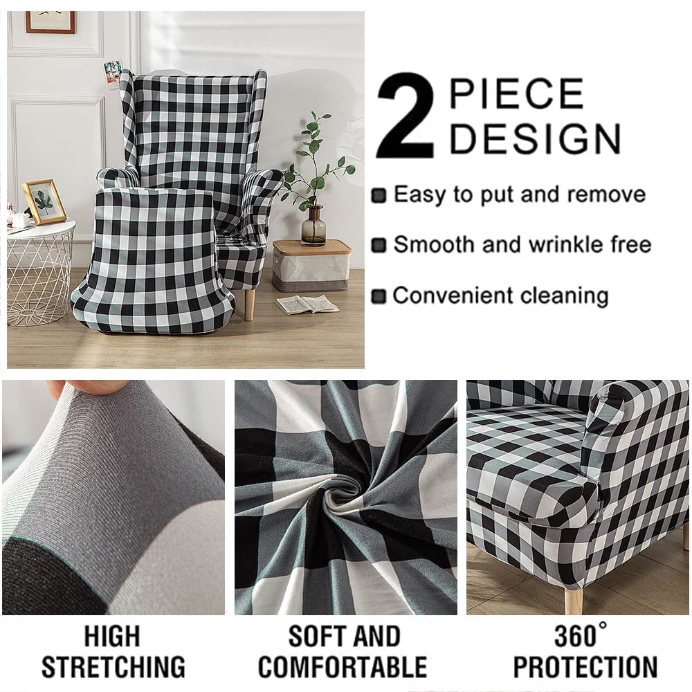 Ohrensessel Bezug 2er Set, Stretch Sesselüberzug im Büffelkaromuster mit Kissenbezug, elastischer Spandex Sesselbezug, waschbarer Möbelschutz für Wohnzimmer und Schlafzimmer A 1