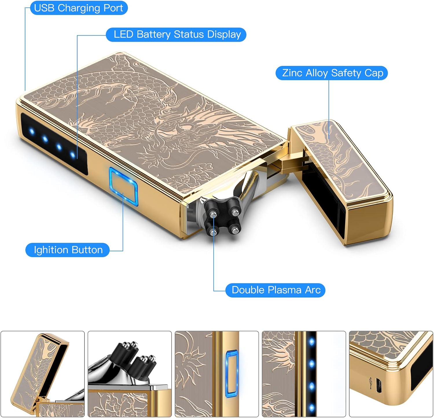 Electric Lighter, USB Rechargeable Plasma Arc Lighter, Windproof Flameless Lighter, Butane Free Mini Lighter for Indoor or Outdoor Activities. (Gold Dragon)
