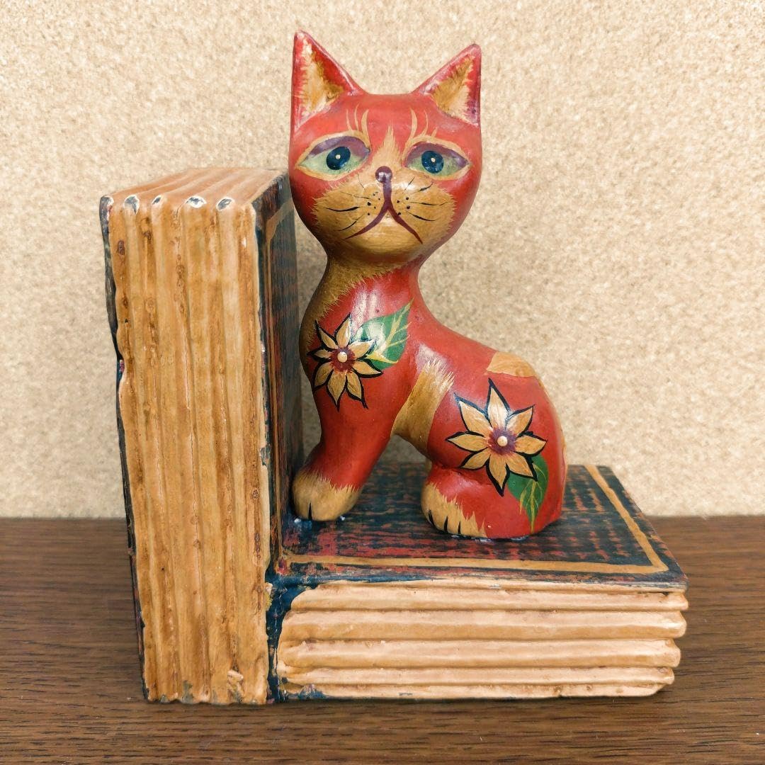 木彫り猫のアンティークなブックエンド 輸入雑貨 ブックエンド