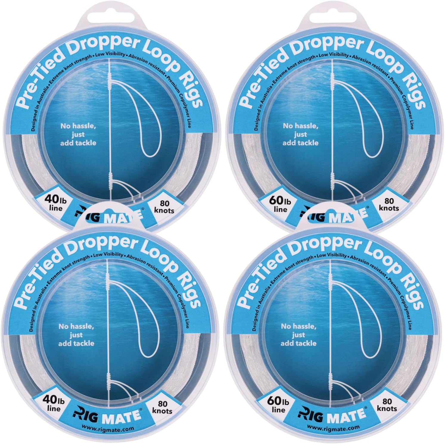 Rib Mate 40lb (x 2) & 60lb (x 2) Bundle - Pre-Tied Dropper Loop Rigs - 40 lb & 60 lb Bundle Pack. Tested Fishing Line Spool - 80 Loops 18 Inches Apart with 5.5 Inch