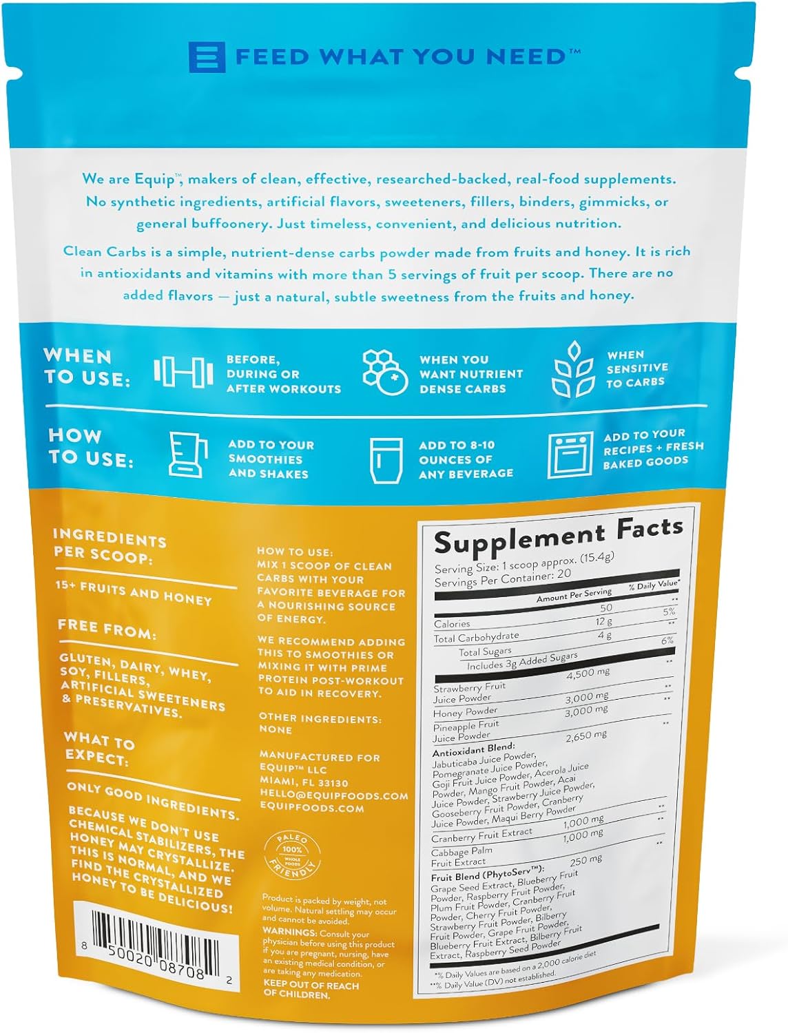 Equip Foods Clean Carbs | 15+ Fruits and Honey Superfood Powder | Post Workout Recovery Powder | Antioxidants, Carbohydrate Supplement | Immune Support Carb Cleaner | 20 Servings, Unflavored - Image 6