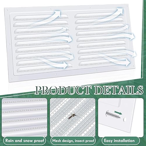 Miniatura 9 de Yaocom 2 rejillas de ventilación de aluminio a dos aguas blancas para pared de cobertizo de metal con malla de malla cuadrada, rejilla de