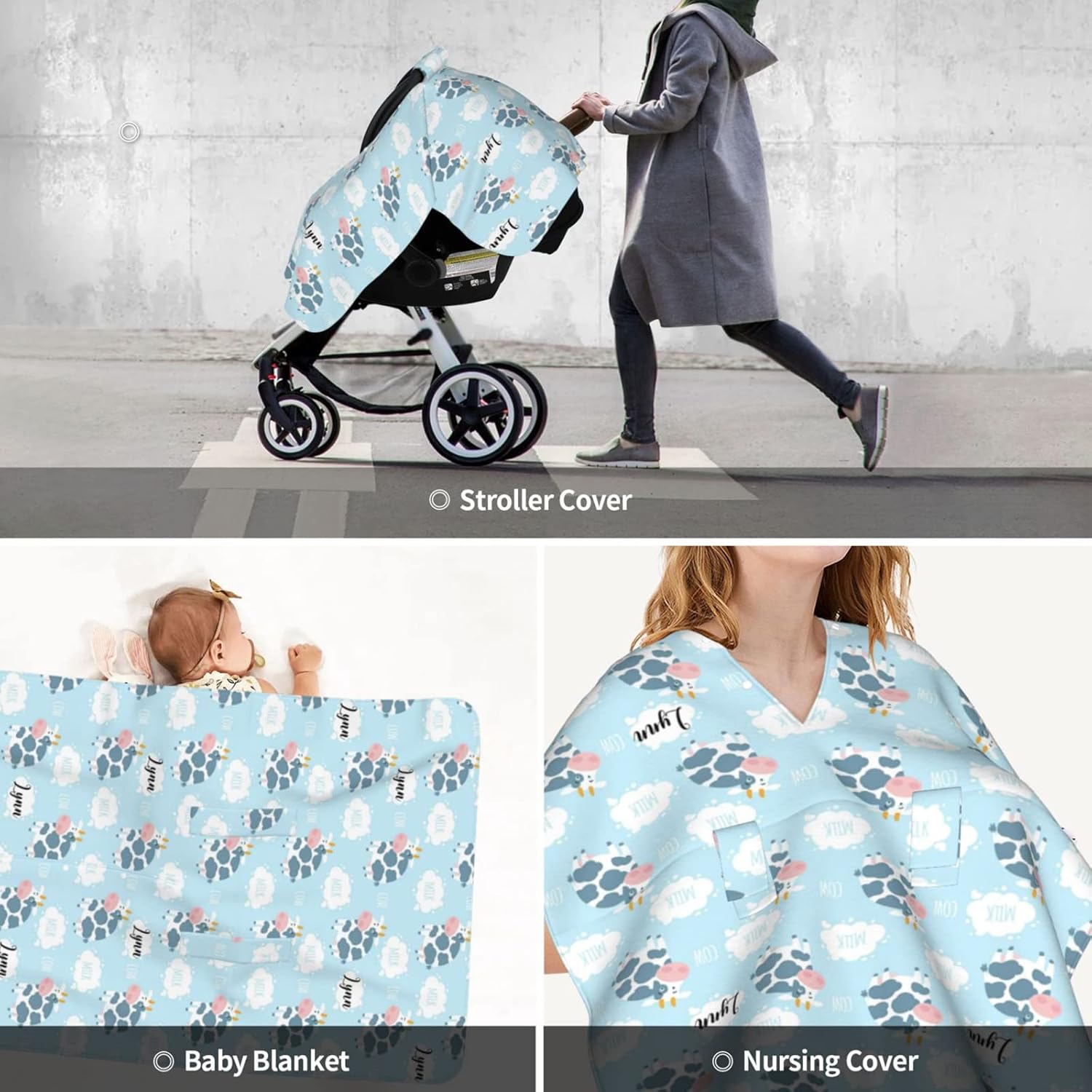 Personalized Cute Cow Milk Baby Car Seat Canopy for Babies with Name, Custom Car Seat Covers for Boys Girls, Peekaboo Opening Minky Nursing Breastfeeding Cover Infant Stroller Canopies for Newborn