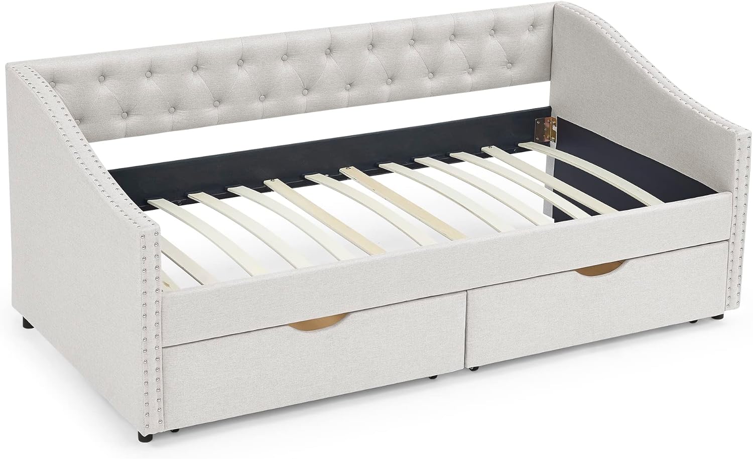 SOFTSEA Upholstered Daybed with Drawers, Modern Twin Sofa Bed Daybed Frame for Bedroom Living Room Guest Room, Button Tufted Design, Nailhead Trim, Beige