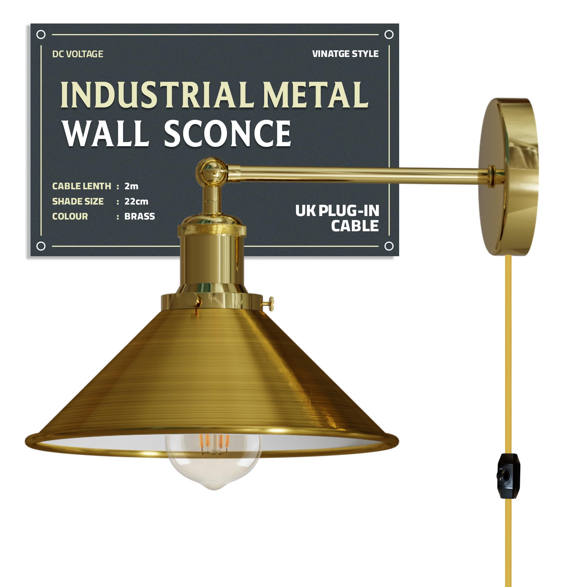 DC VOLTAGE Plug in Wall Lights E27 Metal Fixture with 22cm Yellow Brass Cone Lamp Shade, 2m Cable and Dimmer Switch Industrial Indoor Retro Modern Bedside Reading Lamp โ image 1