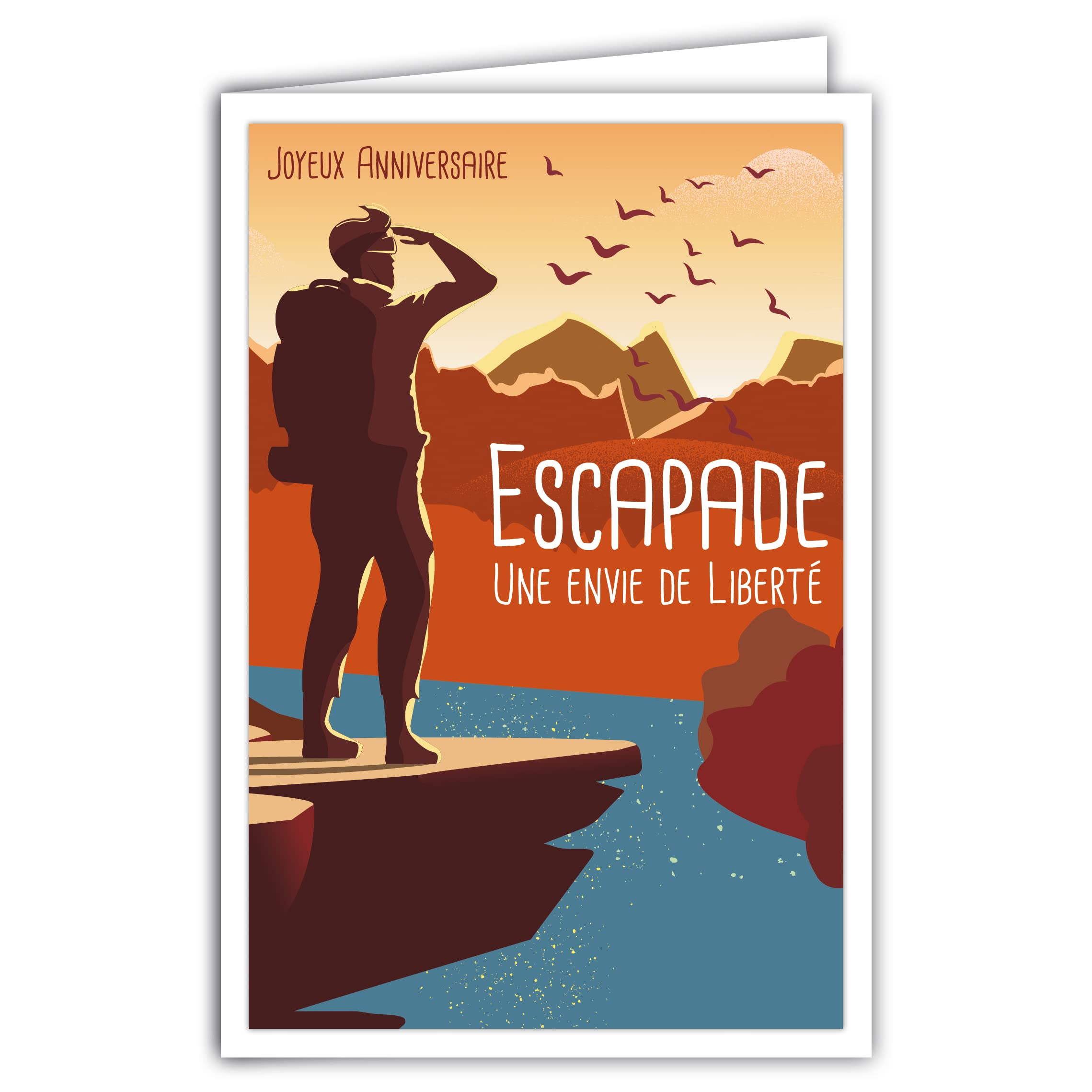 Afie 69-4361 Happy Birthday Card with Envelope - Mini Poster 17 x 11.5 cm Retro Vintage Style Graphic Illustration - Escape of Freedom Hiking Sunset