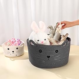 Zopeal Cat Basket Storage Woven Organizer with Ears Christmas Decorative Pet Toy Cute Cotton Rope Basket for Gift Cat Dog Toy Bin Nursery Room(13.7 x 7.8 Inch,Dark Grey)