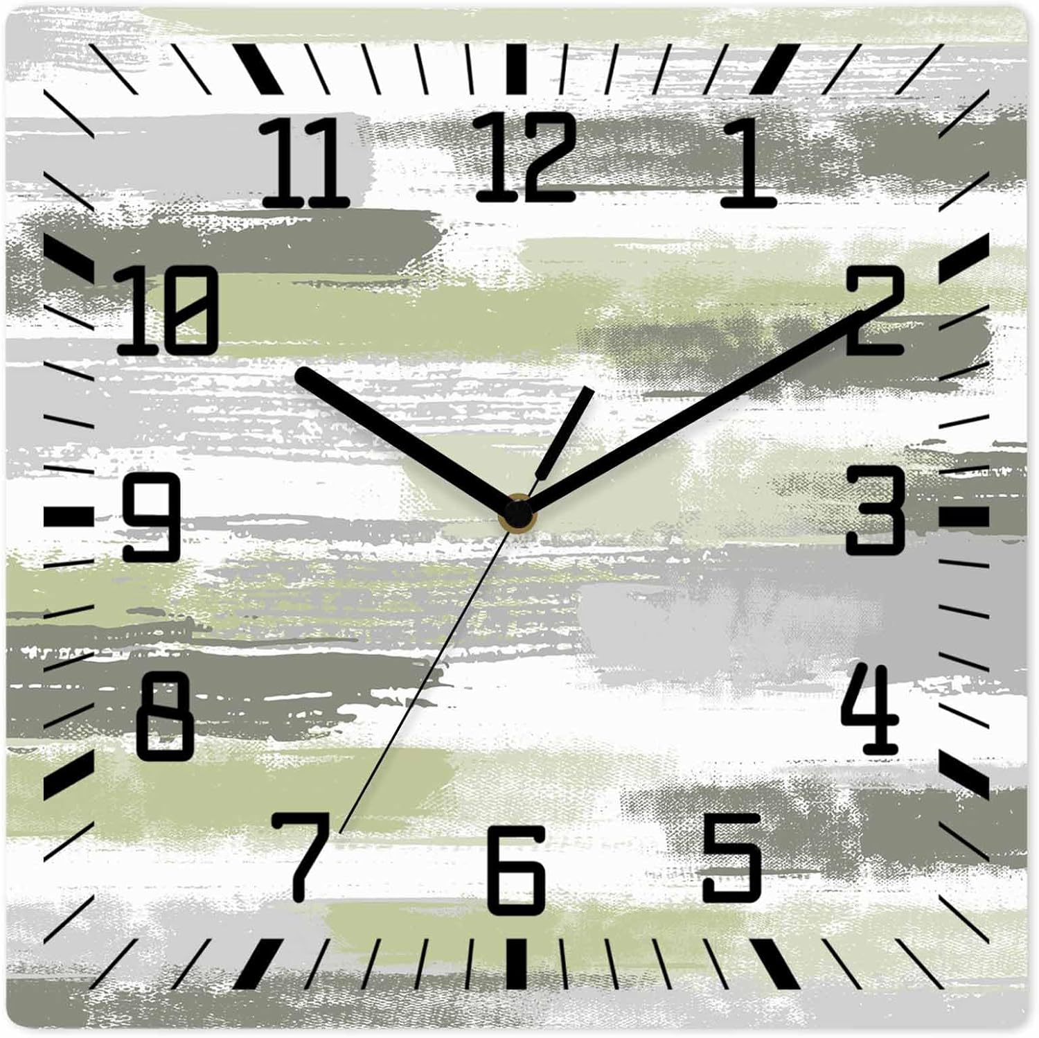 Wall Clock Sage Green Gray Battery Operated Clocks Wooden Silent Non-Ticking Wallclock 12 Inch Spring Stripes Wood Square Wall Clock for Living Room Bedroom Kitchen Office Shool Home Decor