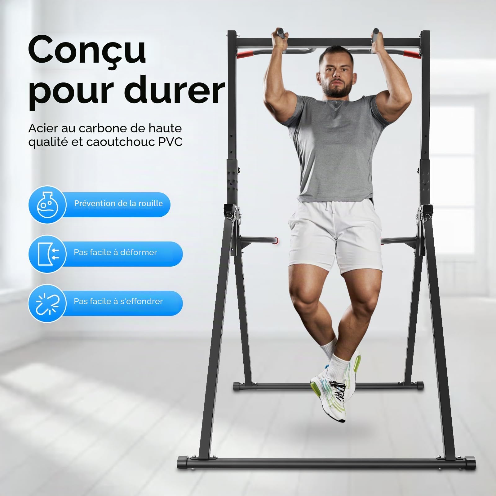 4 in 1 Chaise Romaine Power Tower 200KG Dip Station, Hauteur Réglable 175-230cm, Barre de Tractions Pliable Musculation Pour l'entraînement à la Maison, Structure triangulaire, Se Plie Facilement