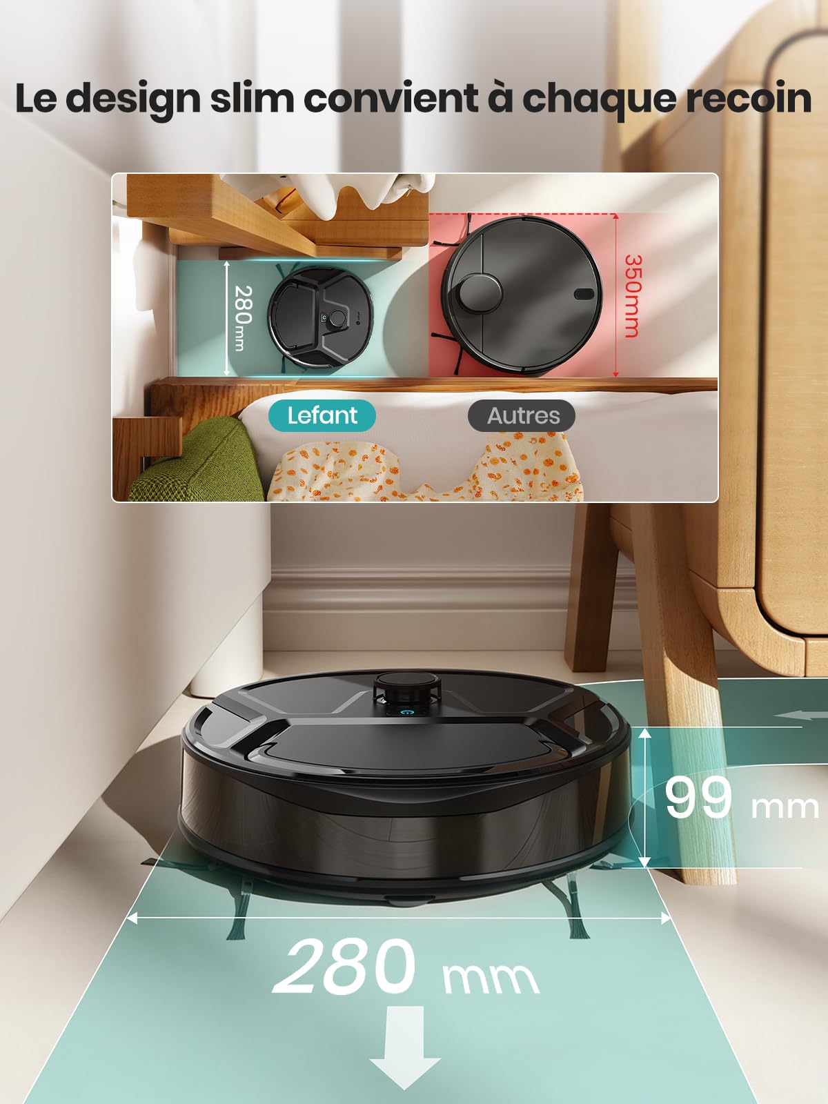 Lefant Robot Aspirateur Laveur, 20 000Pa d’Aspiration, 800ml Boîte à poussière, 28cm Mini Rouleau Robot Aspirateur avec Nettoyage Automatique instantané, 5G WiFi/APP/Alexa, M210 Pro Omni