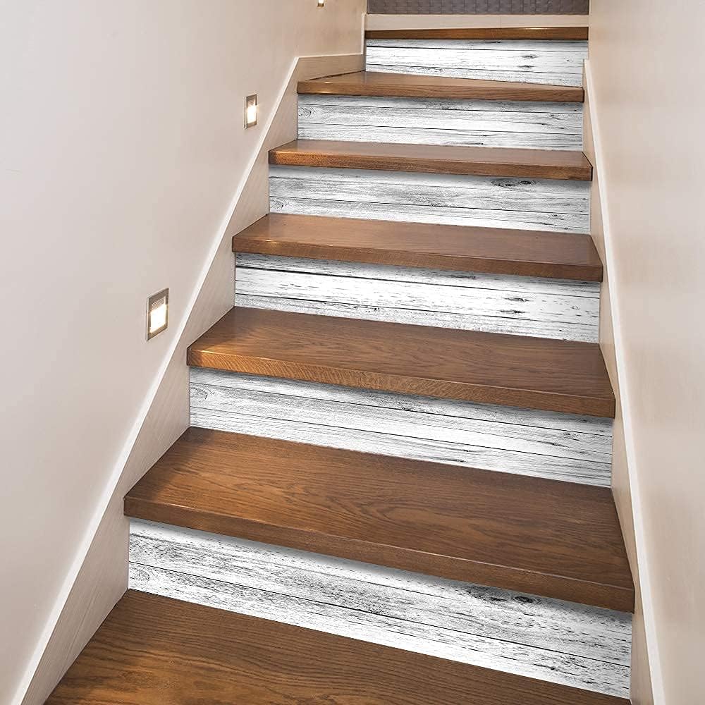 funlife 14 Strips Peel and Stick Stair Risers Stickers, Self Adhesive Vinyl Stair Stickers Decals, Staircase Murals Decor for Steps, 39.37"X7.09", Faux Weathered Rustic Wood