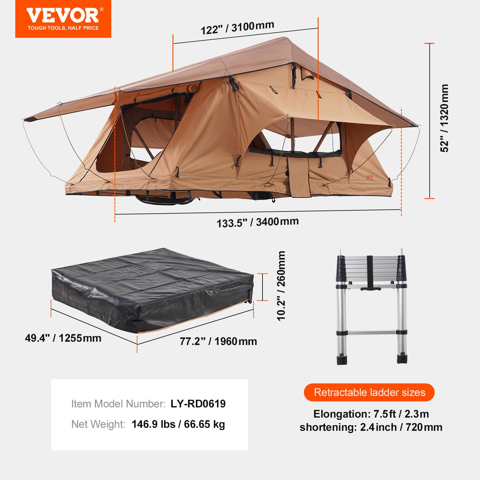 Naturnest Carpa de Techo Rígida, Plegable con Escalera Telescópica, Colchón y Funda PVC Impermeable para Jeep, SUV y Furgoneta