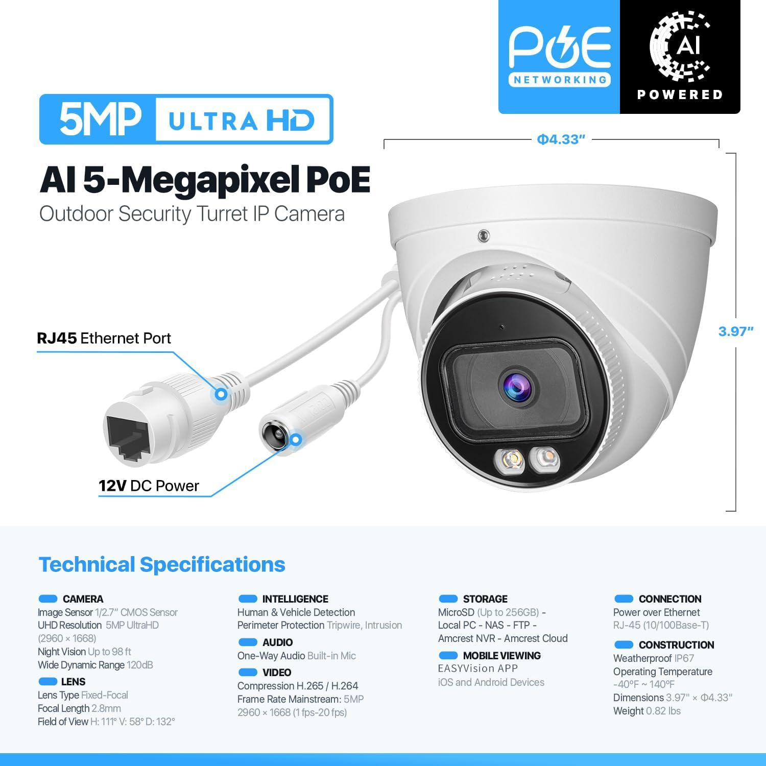 Cámara de seguridad IP POE de 5 MP con detección de humanos/vehículos IA, IP67 resistente a la intemperie, visión nocturna inteligente de doble luz, cámara domo para interiores y exteriores