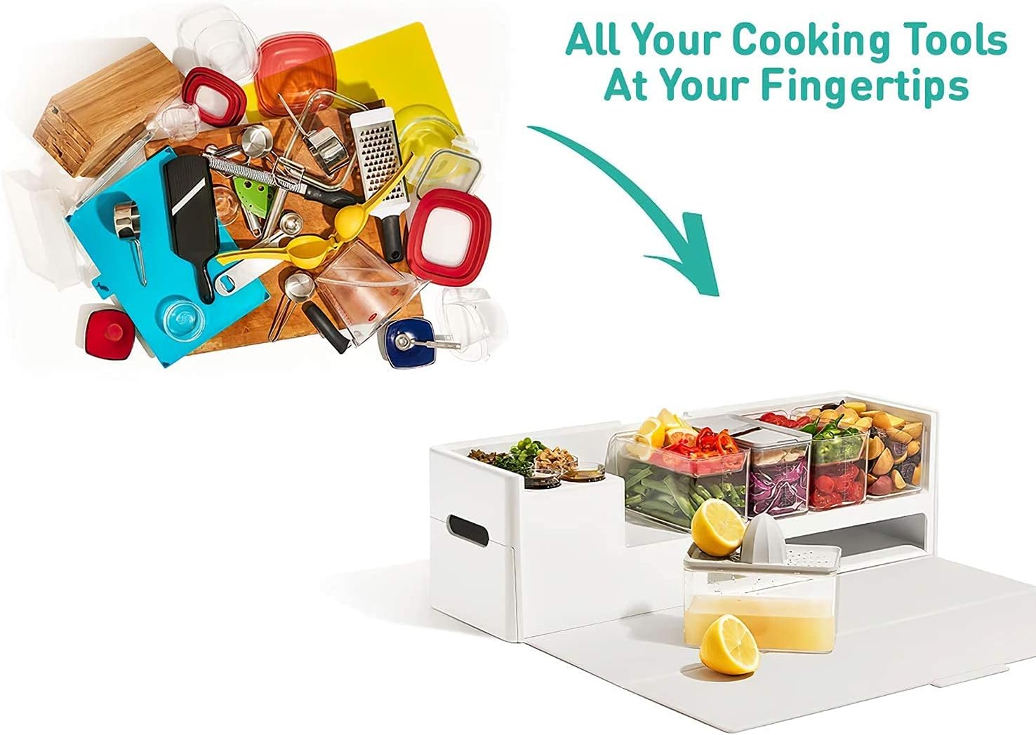 Prepdeck Recipe Preparation Kit and Storage, 8 Premium Prepping Tools, Cutting Board with 15 Tritan Plastic Food Containers with Lids, Removable Trash Bin, Microwave and Top-Rack Dishwasher Safe