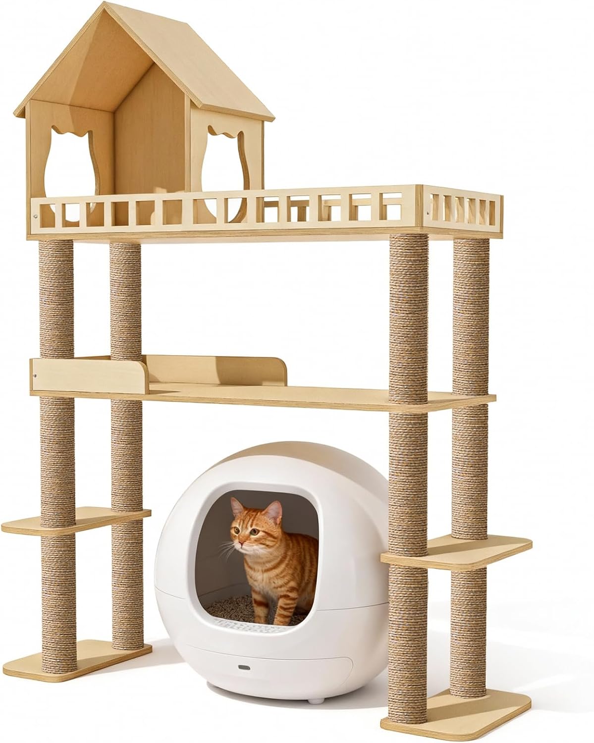 Wood Cat Tree for Automatic Litter Box, 60.2 Inch Tall Modern Cat Tree Tower with Litter Box Enclosure, Multi-Level Wooden Cats Tower Furniture with Scratching Posts, Condo House for Indoor Cats C3