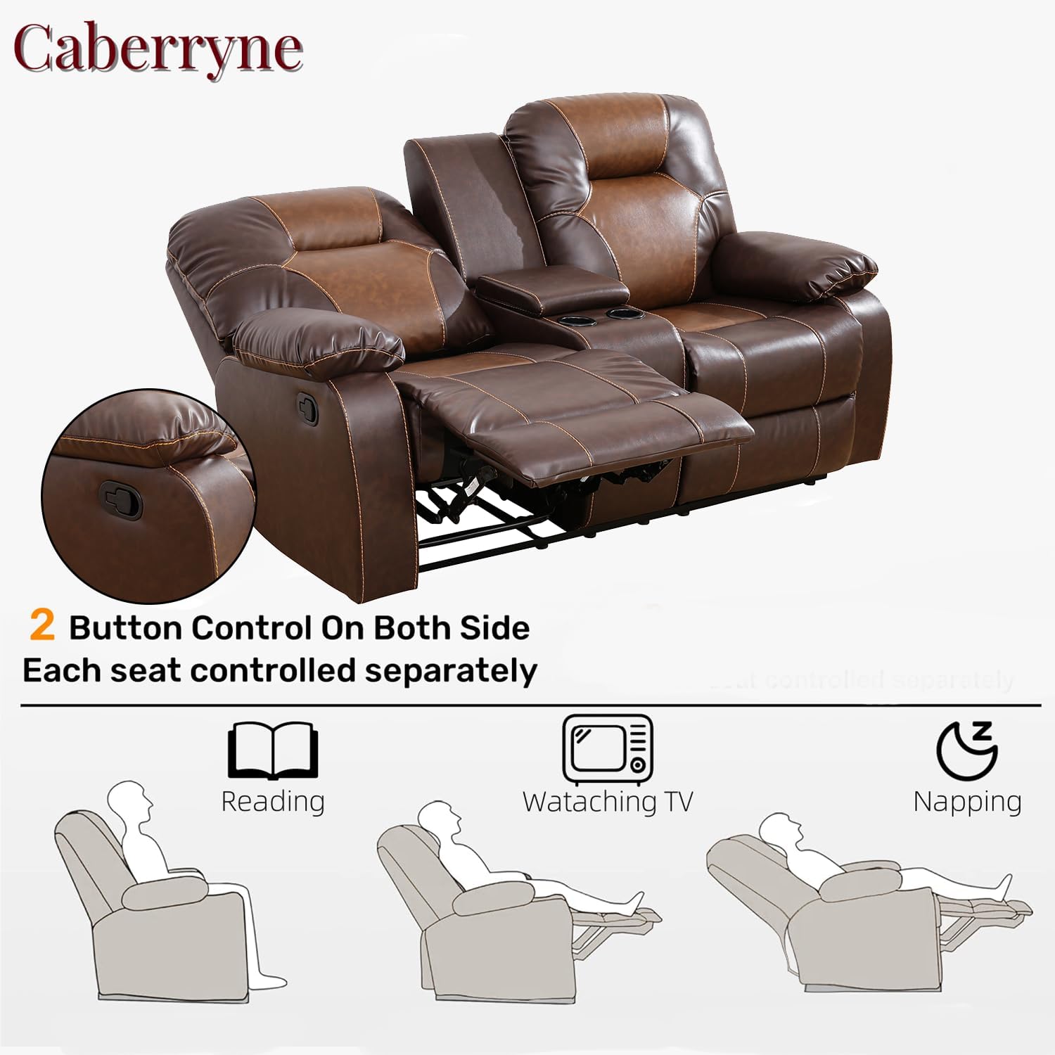 Recliner Loveseat for Living Room Furniture Set,Leather Reclining Loveseat with Double Recliners,Wall Hugger Recliner Couch with Cup Holders for Living Room(PU Leather Brown)