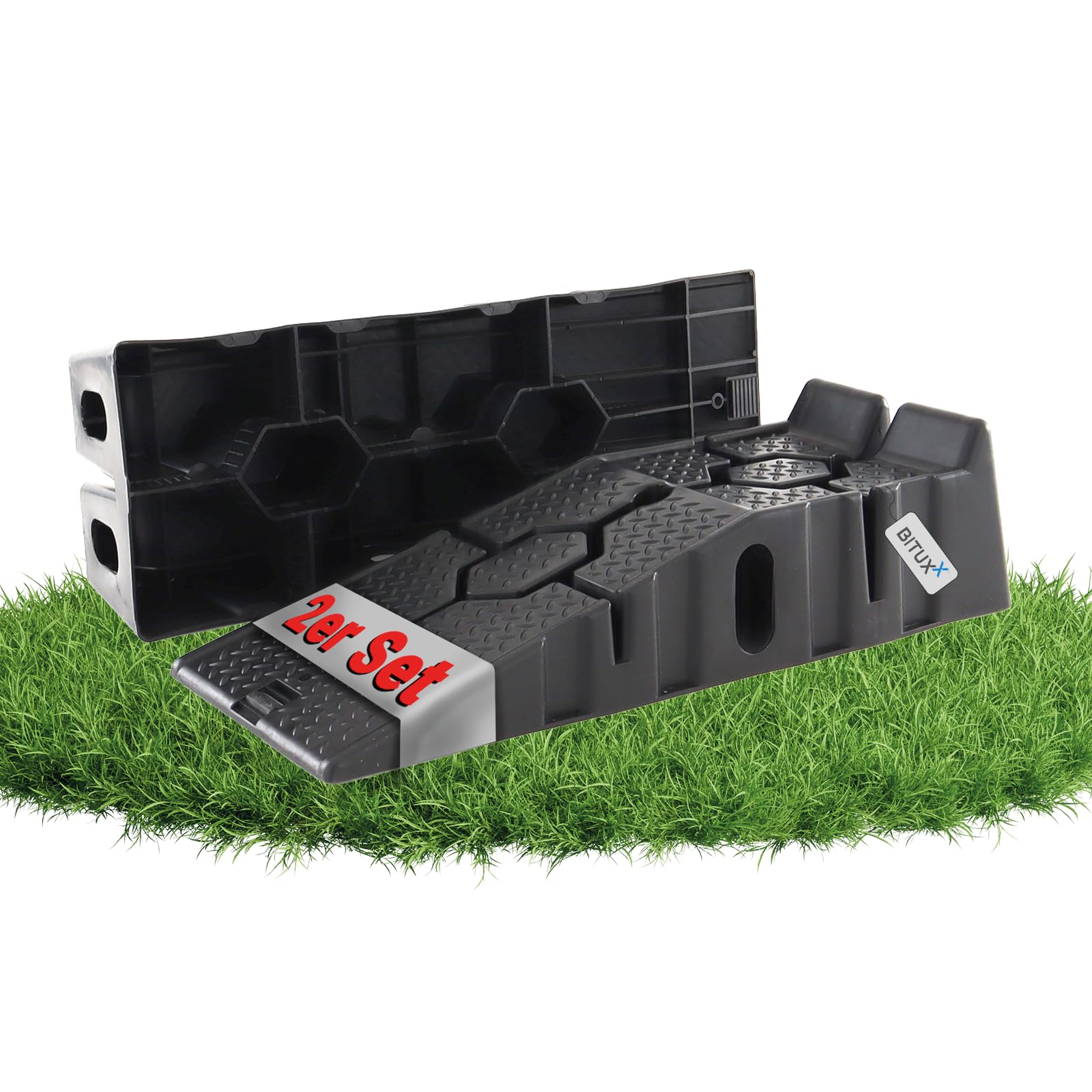 Bituxx Set PKW Auffahrbock Auffahrrampe Laderampe Rampe Auto Kunststoff PP mit Überrollschutz 90x33x22 cm 2,5 T