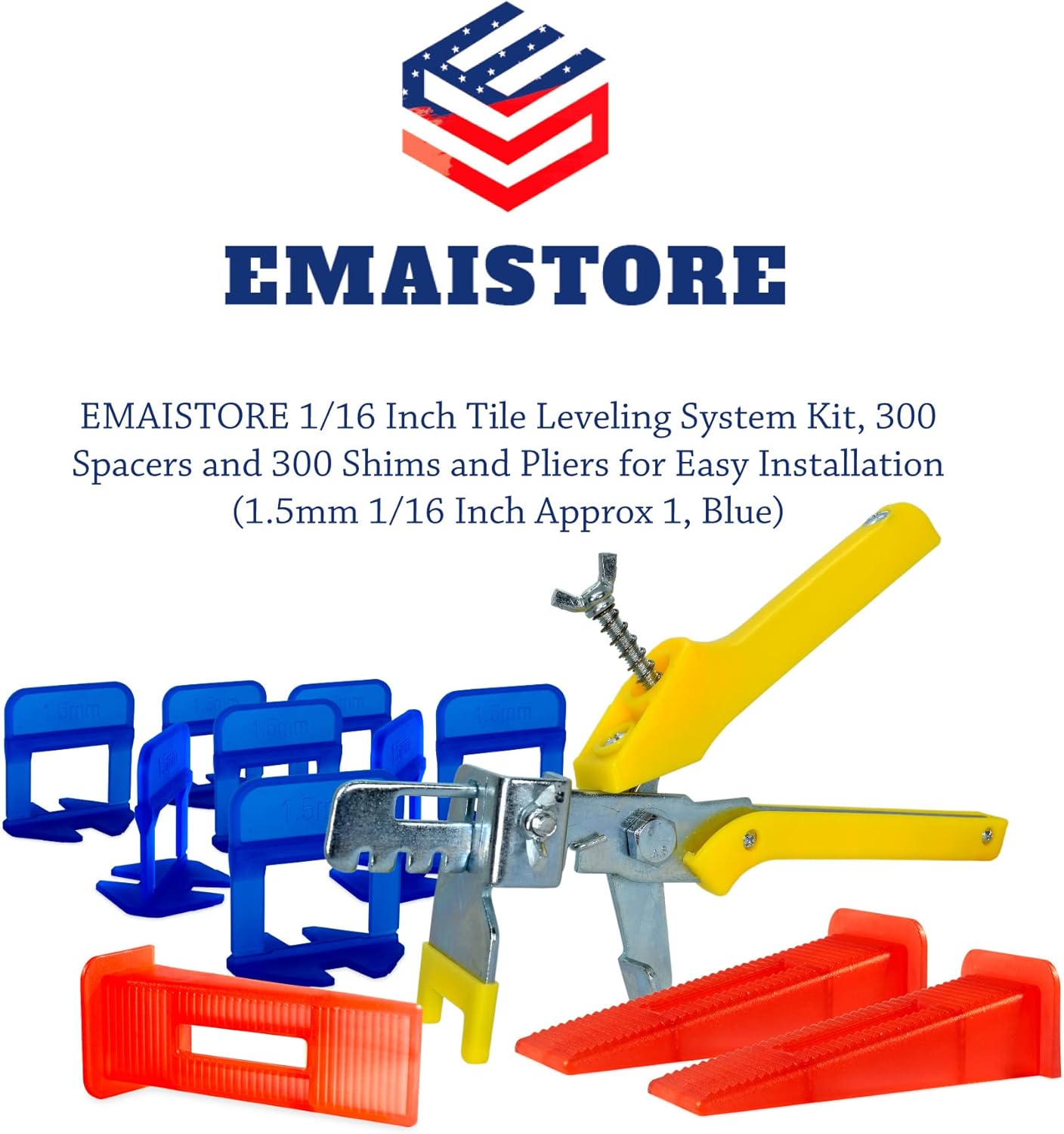 EMAISTORE Kit Tile Leveling System 1/16 inch- 300 spacers and 300 wedges and pliers for easy installation ((1.5mm) 1/16 inch approx1, Blue) - - 