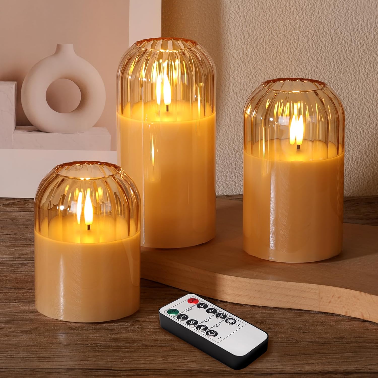 Grey Glass Flameless Pillar Candles with Remote, Flickering Battery LED Candles Table Decor Gift Set of 3