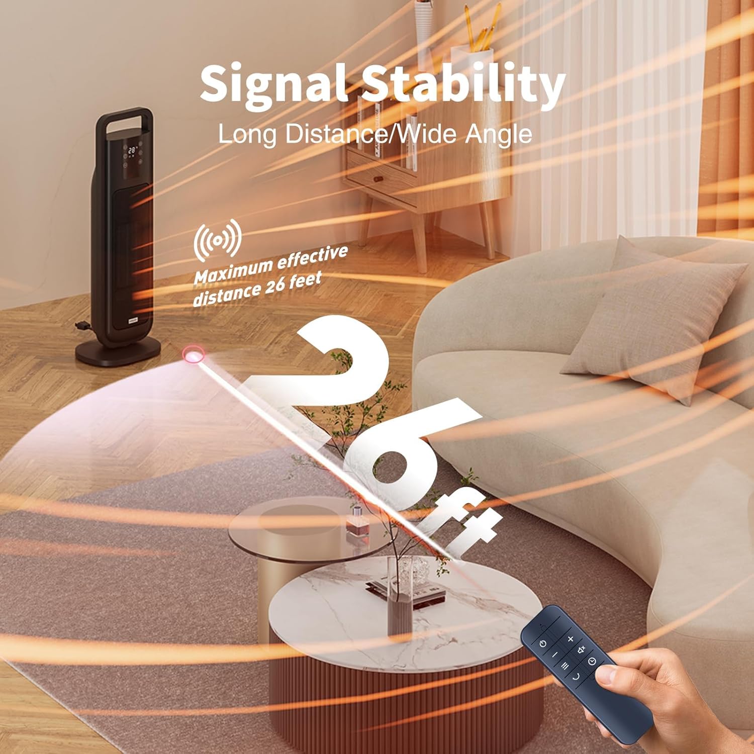 Image showing the remote control adjusting temperature settings on a heater, with a visual representation of temperature range.