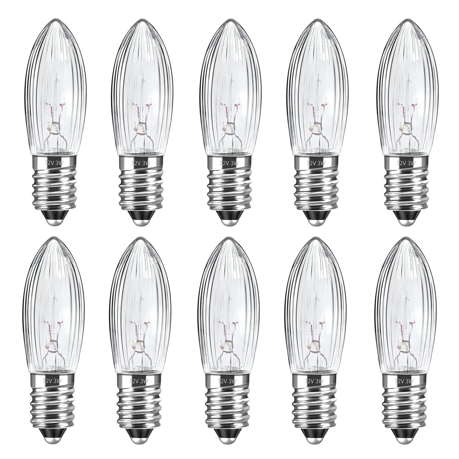 Wymienne żarówki świecowe E10 3W 12V - 10 sztuk, ciepła biel 2700K, zapasowe żarówki do mostka świecowego, łuku, świecznika, lampek fairy