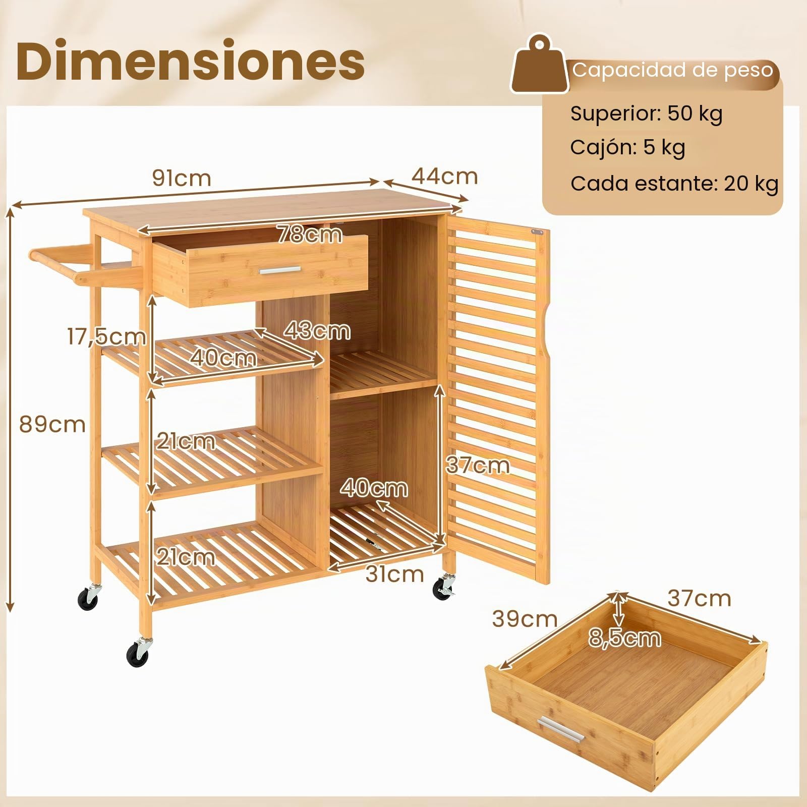KOMFOTTEU Carrito de Cocina de Bambú, Carrito Auxiliar con Cajón, 3 Estantes Abiertos, Armario con Puerta, Toallero, Isla de Cocina con Ruedas Bloqueables, para Comedor, Bar, Natural | Isla de cocina natural con 3 estantes abiertos, armario de puerta y to