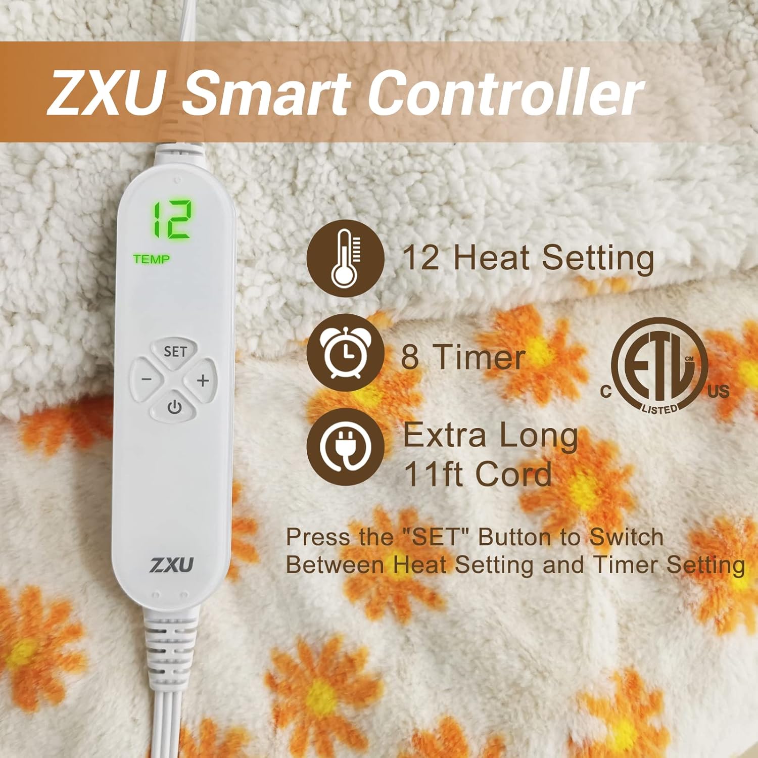 Heated Blanket Electric Throw Blanket- Ultra Soft Cozy Sherpa Heating Blanket,50" x 60" Fast Heating Blanket, 12 Heating Levels & 1-24h Auto-Off, Machine Washable, for Home Office, Blue - Image 3