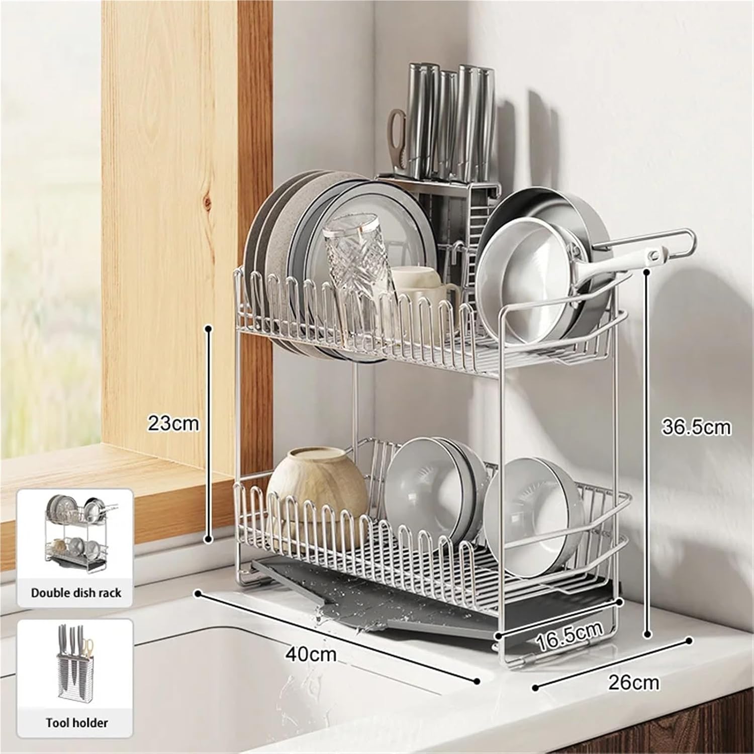 Stainless Steel Dish Drying Rack Over The Sink Dish Draining Basket With Tray Kitchen Countertop Dishes Draining Storage Rack(2Layer D)