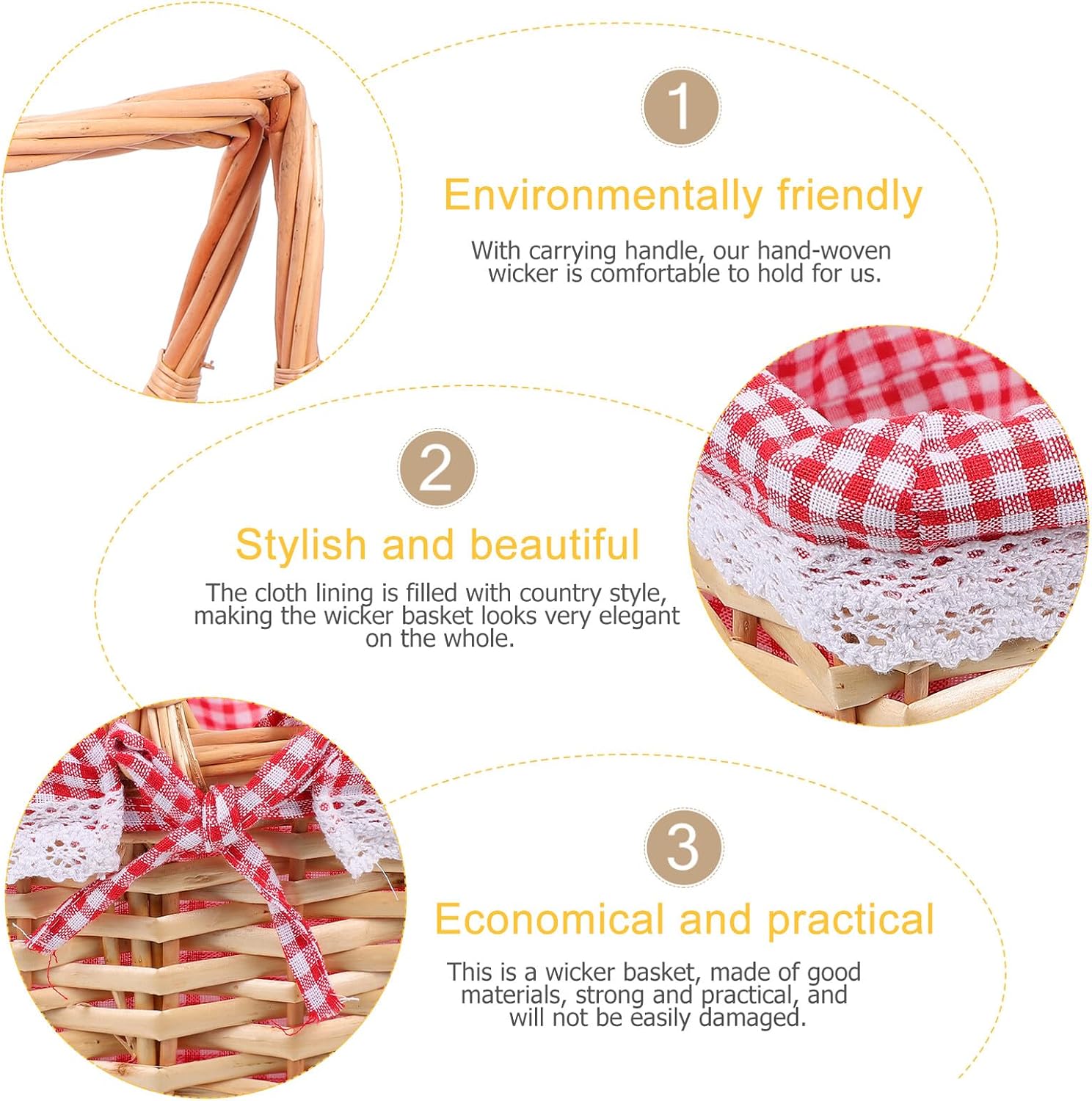 Milisten Hand-Woven Willow Picnic Basket with Red and White Cloth Lining, Square Wicker Storage Basket for Outdoor Camping and Travel, Lightweight and Practical Container for Picnic