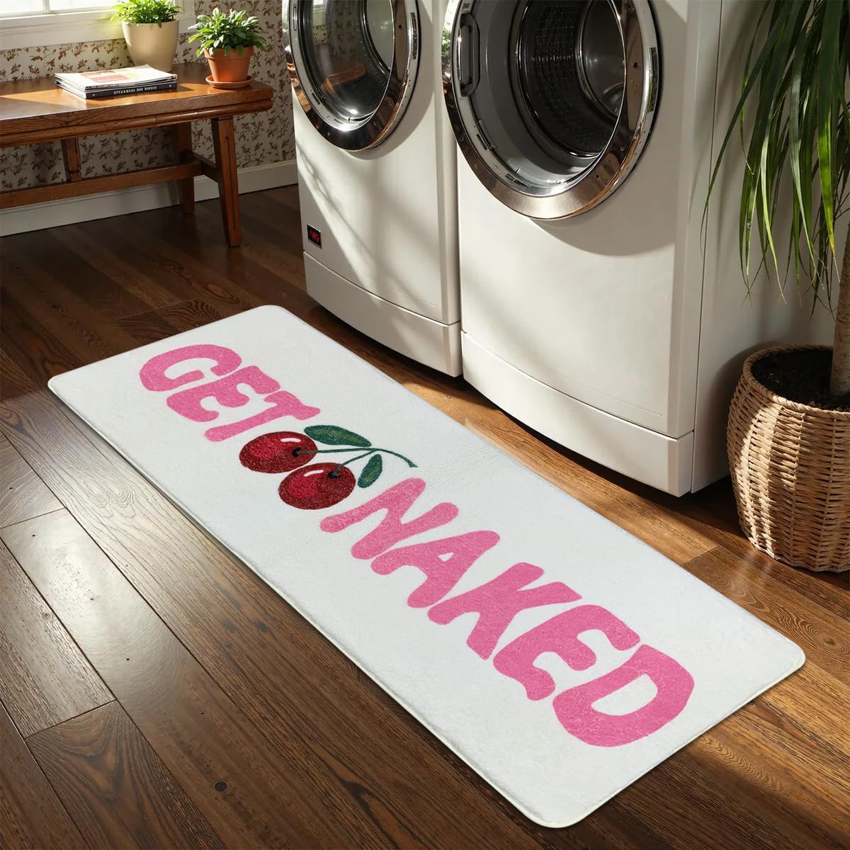 SHIYUE Get Naked Bath Mat Pink Cute Funny Bathroom Rug, Soft Absorbent Water Non Slip, Superior Washable Microfiber Cool Shower Preppy Decor Rug (Cherry 17"x48")