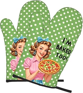 2 Pcs Funny Oven Mitts Im Baked Too Heat Resistant Non-Slip Kitchen Gloves with Hanging Loop Housewarming Gifts for Baking Lover Family Friend