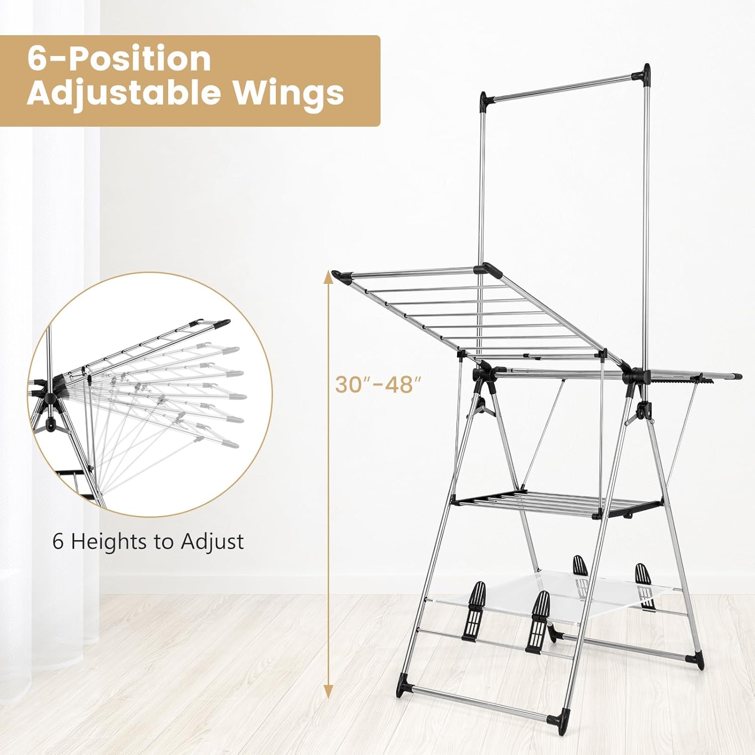 Tangkula 2-Layer Stainless Steel Drying Rack, Foldable Laundry Rack w/ 1 Hanging Bar & 2 Height-Adjustable Wings, 23 Drying Rails, Netting Clothe Drying Rack, No Assembly Required