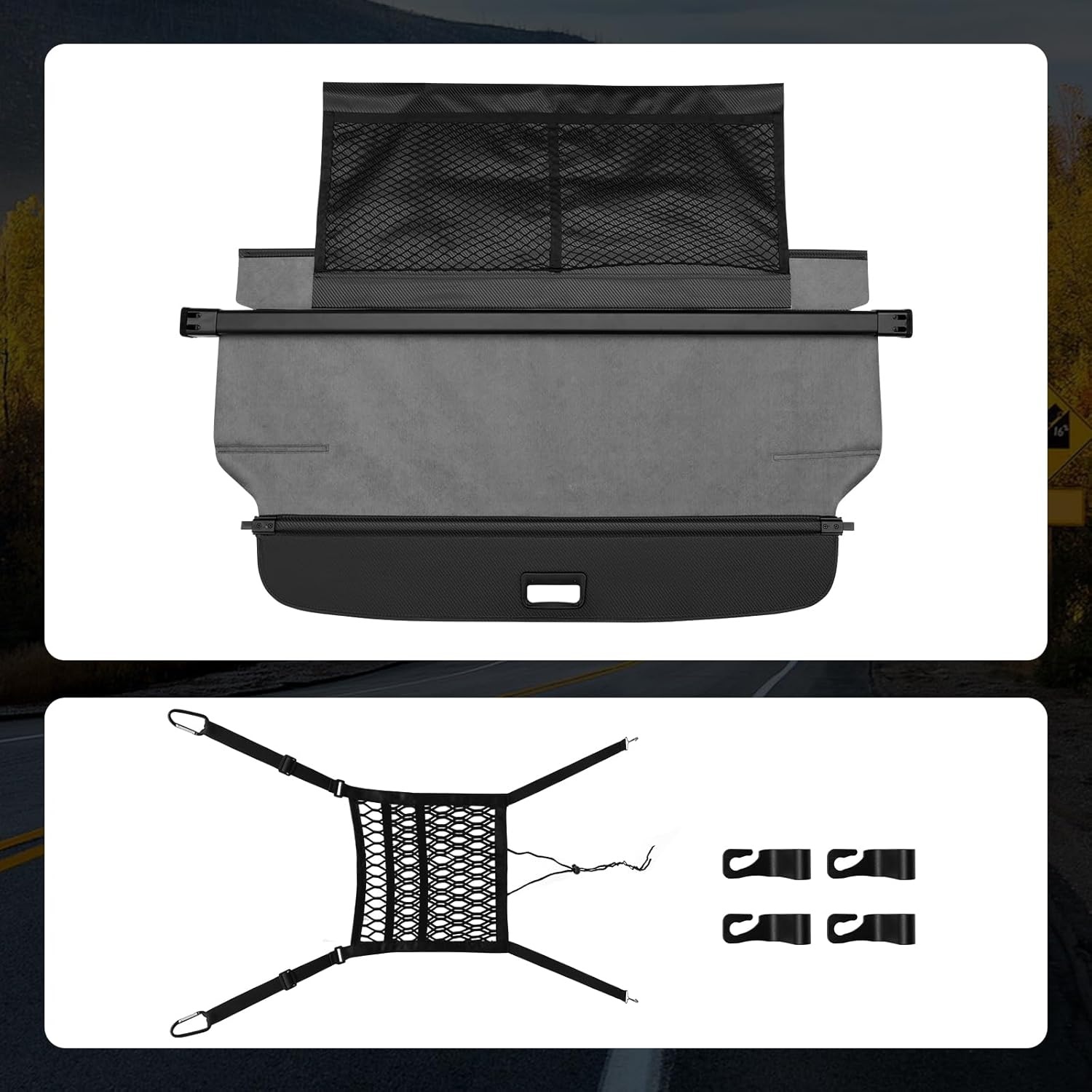 T TGBROS Cargo Cover for Chevrolet Equinox 2025 2026, Carbon Fiber Double Retractable Trunk Luggage Shade with Car Mesh Organizer Net Bag, Car Privacy Shield for Chevy Equinox Accessories