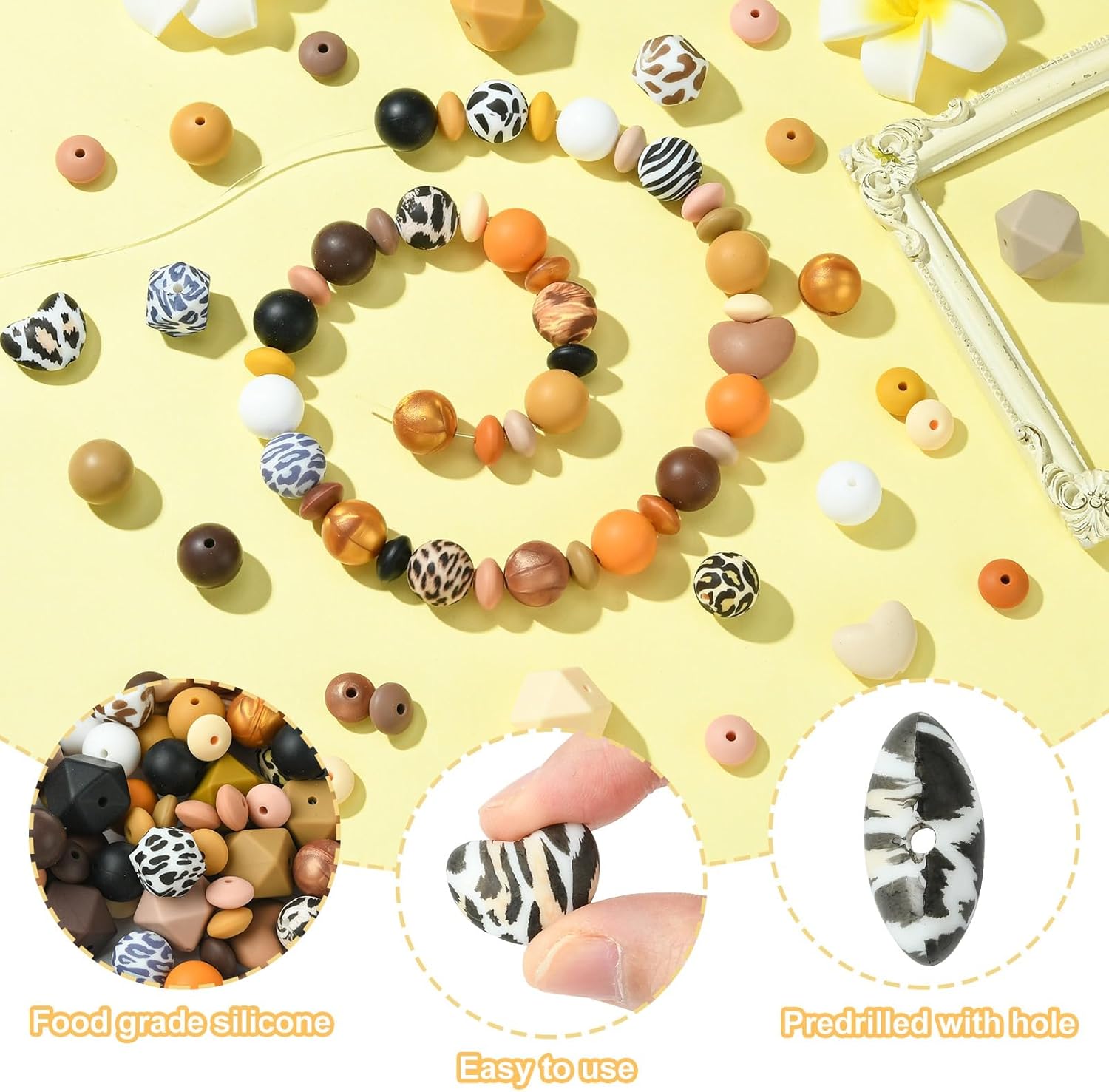 141 pcs Mixed Styles Leopard Print Theme Silicone Beads Set with Tassel Swivel Claw Round Hexagon Spacer Beads for DIY Jewelry Necklace Bracelet Pens Keychain Craft Decor
