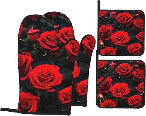 Juego de manoplas y salvamanteles antideslizantes para horno y salvamanteles con diseño de rosas rojas, resistentes al agua, para hornear a la
