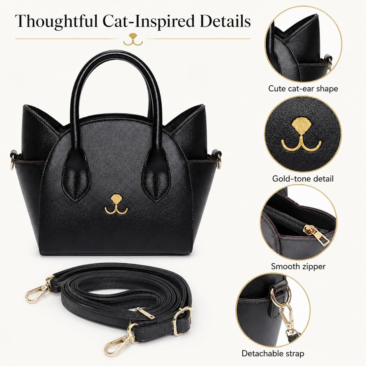 QZUnique Cat Purse for Women Cute Top Handle Shoulder Bag for Teens Girls Pu Leather Gothic Handbag Crossbody Bag