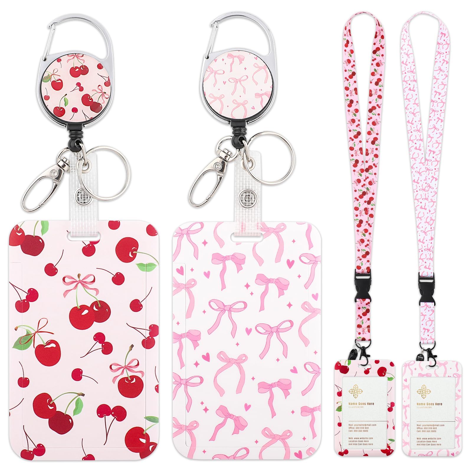 2 Pack ID Badge Holder with Breakaway Lanyard and Retractable Badge Reel, Detachable Lanyard Vertical Card Protector for Office Worker Teacher Student Nurse Doctor, Red Cherry Pink Bow