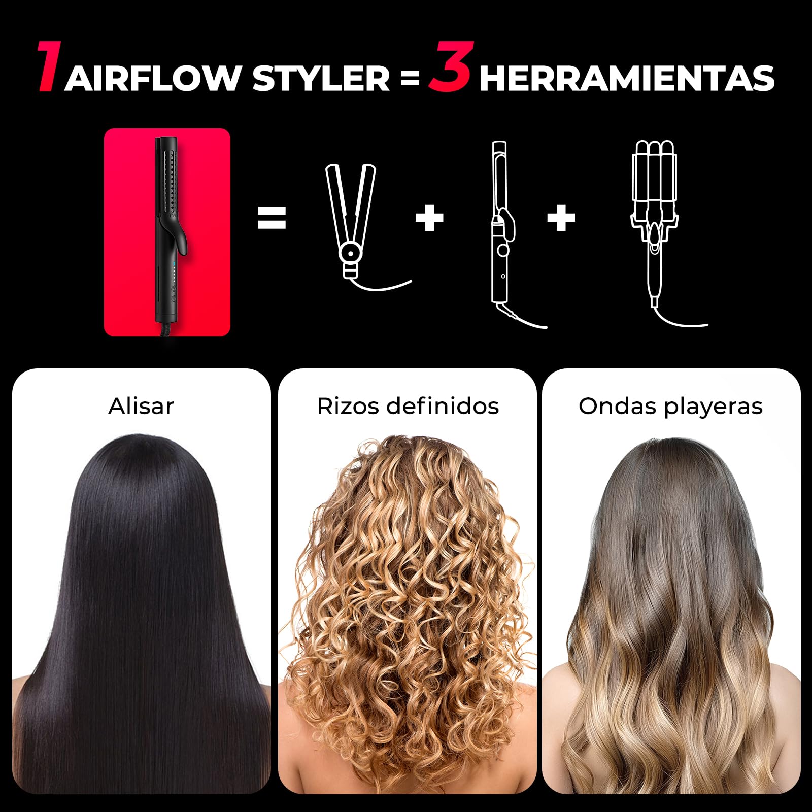 TYMO Airflow Planchas del Pelo - Plancha Alisadora Rizos y Alisado 2 en 1, Alisador y Rizador Iónico para Alisar Rápido u Ondas Naturales con Aire 360°, 32mm Plancha para Rizos Grandes, Negro