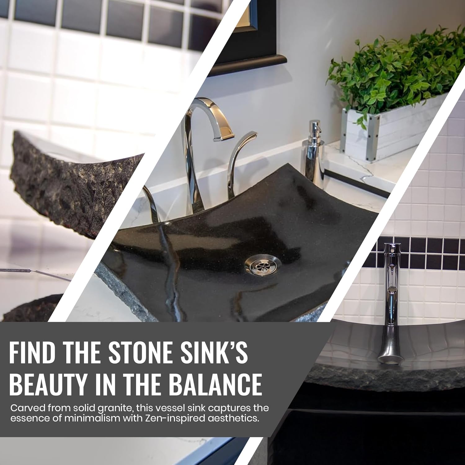 Eden Bath Black Granite Large Zen Vessel Sink – Polished Stone Basin with Chiseled Exterior